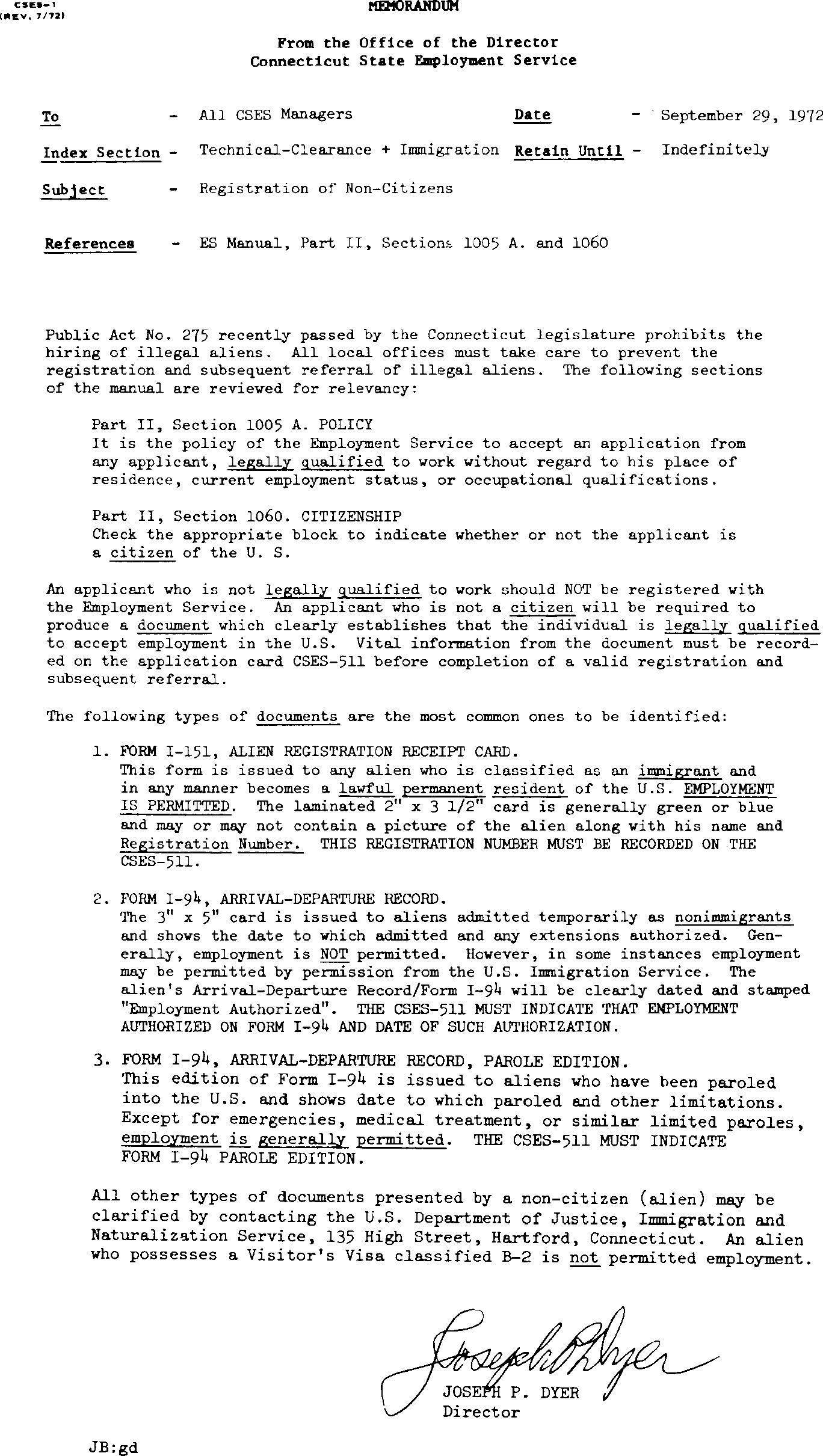 Image of Exhibit 2 Memorandum From the Office of the Director Connecticut State Employment Services to all CSES Managers regarding ES Manual, Part II, Sections 1005 A. and 1060