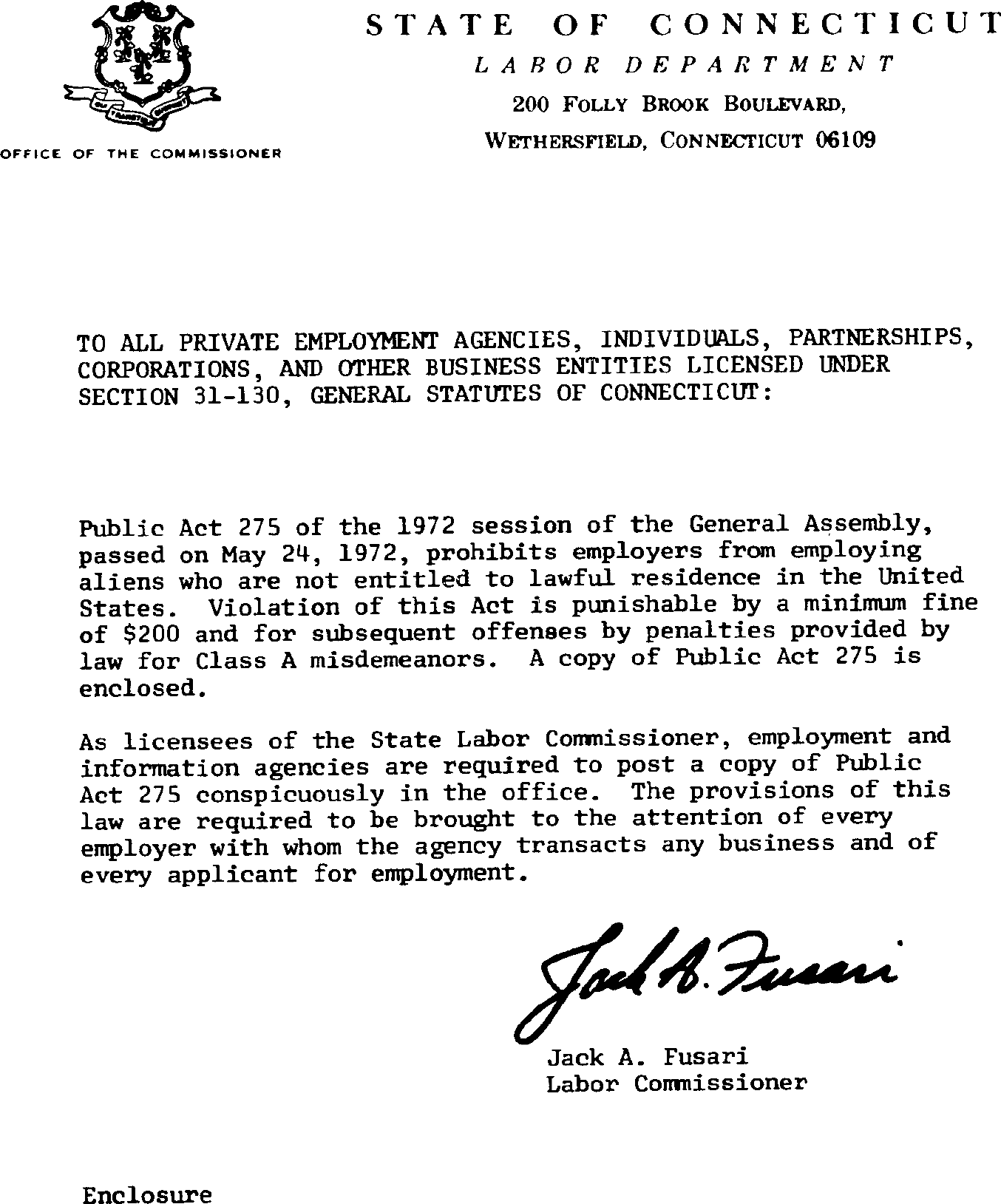 Image of Exhibit 1 draft letter State of Connecticut Labor Department Office of the Commissioner to all private employment agencies, individuals, partnerships, corporations, etc. regarding the prohibition against employing aliens not entitled to lawful residence in the United States