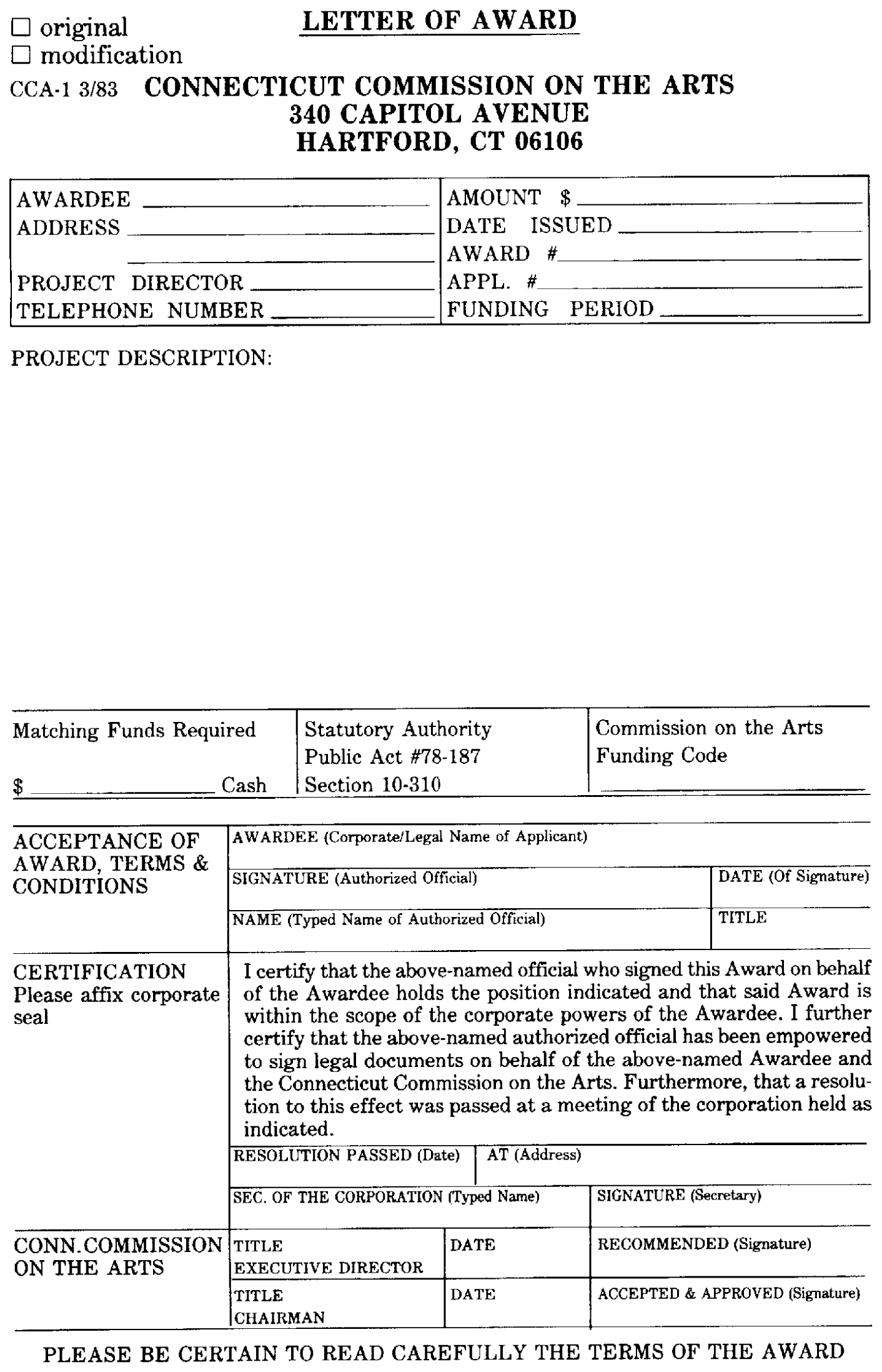 Image of the Letter of Award to Enter Into Agreements to Provide Loans, Grants, or Advances