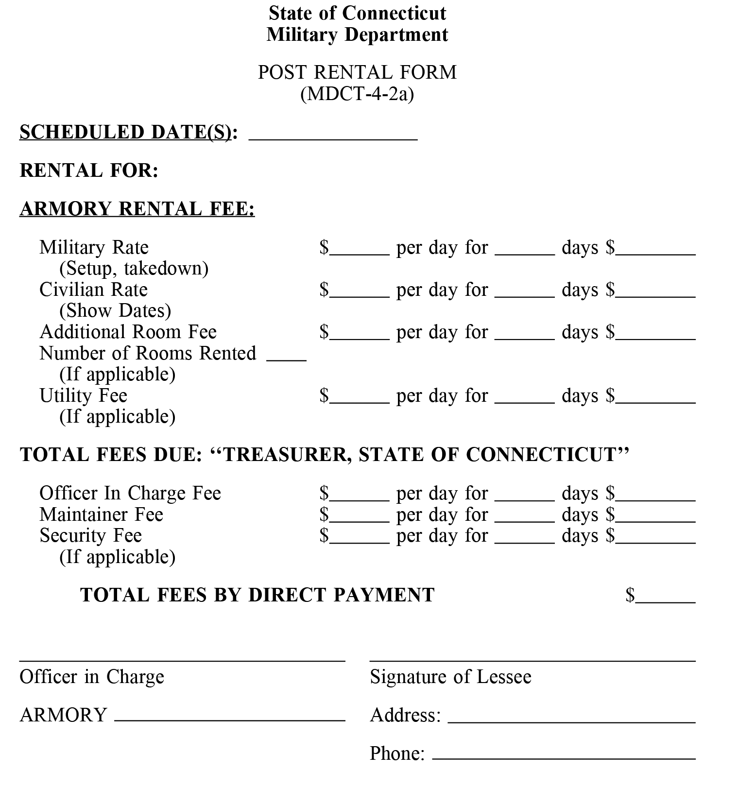 Image of Exhibit 2 State of Connecticut Military Department Post Rental Form (MDCT-4-2a)