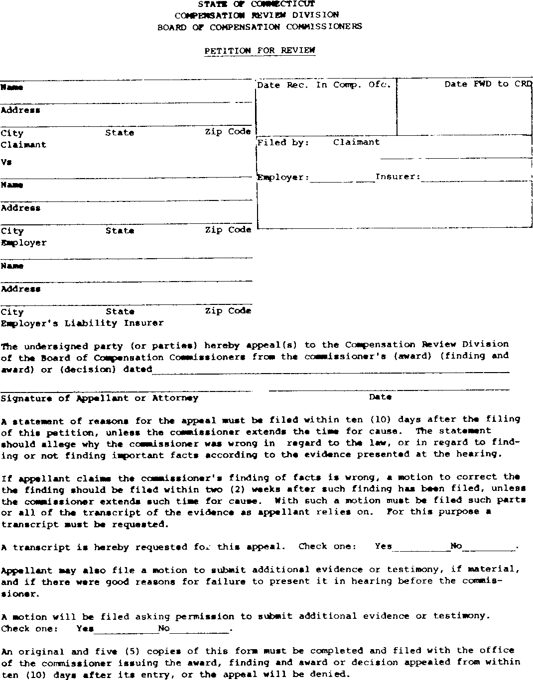 Image of Form for State of Connecticut Compensation Review Division Board of Compensation Commissions Petition For Review 