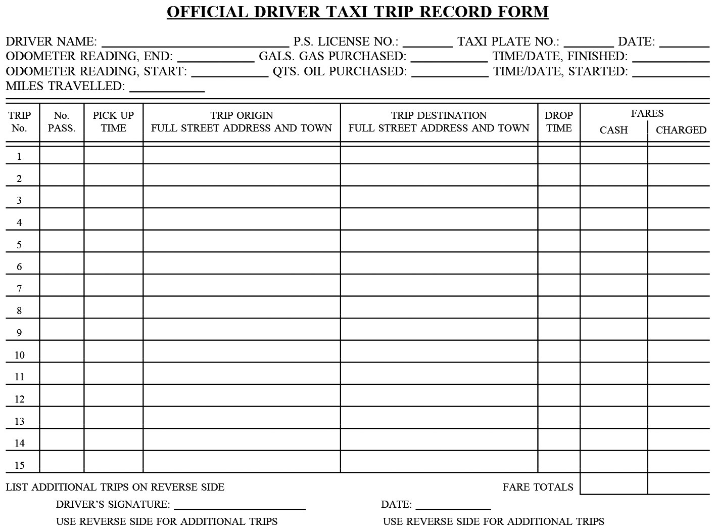 Image of Official Drivers Taxi Trip Record Form
