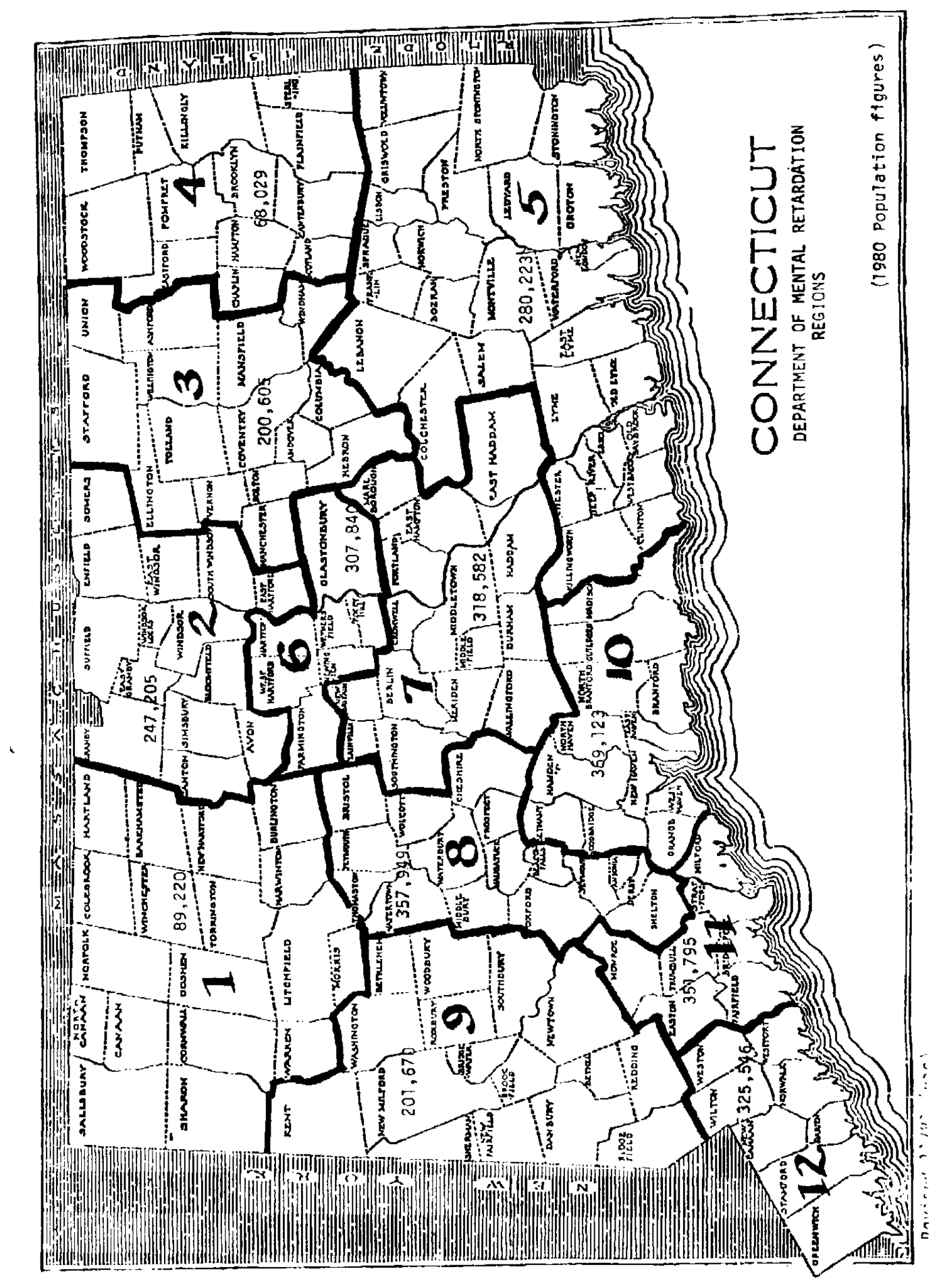 Image of Map of Connecticut Department of Mental Retardation Regions (1980 Population Figures)