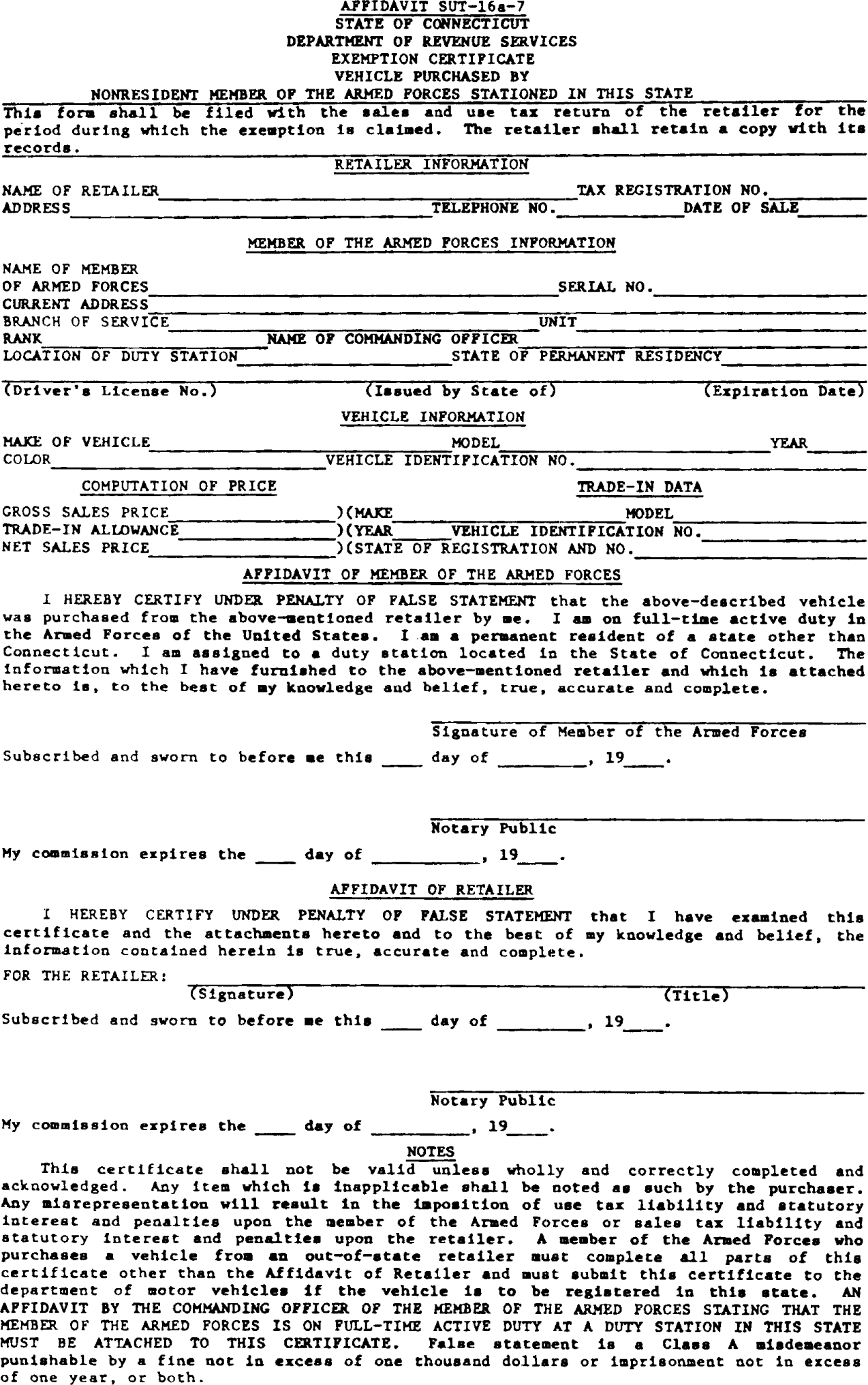 Image of Affidavit SUT-16a-7 State of Connecticut Department of Revenue Exemption Certificate Vehicle Purchased by Nonresident Member of the Armed Forces Stationed in the State