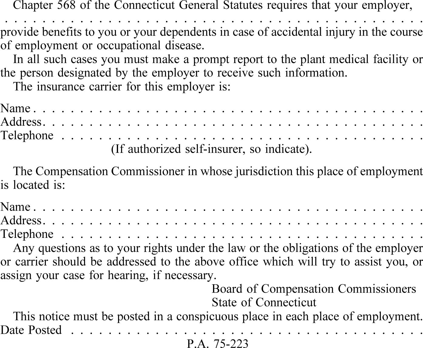 Image of Form for State of Connecticut Notice to Employees Workmen's Compensation Act