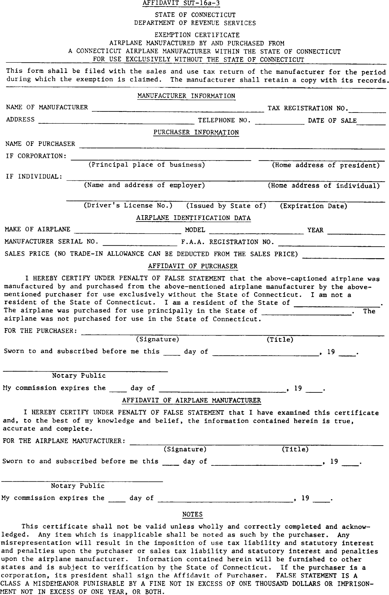 Image of Affidavit SUT-16a-3 State of Connecticut Department of Revenue Services Exemption Certificate Airplane Manufactured by or Purchased From Within the State of Connecticut For Use Exclusively Without the State of Connecticut