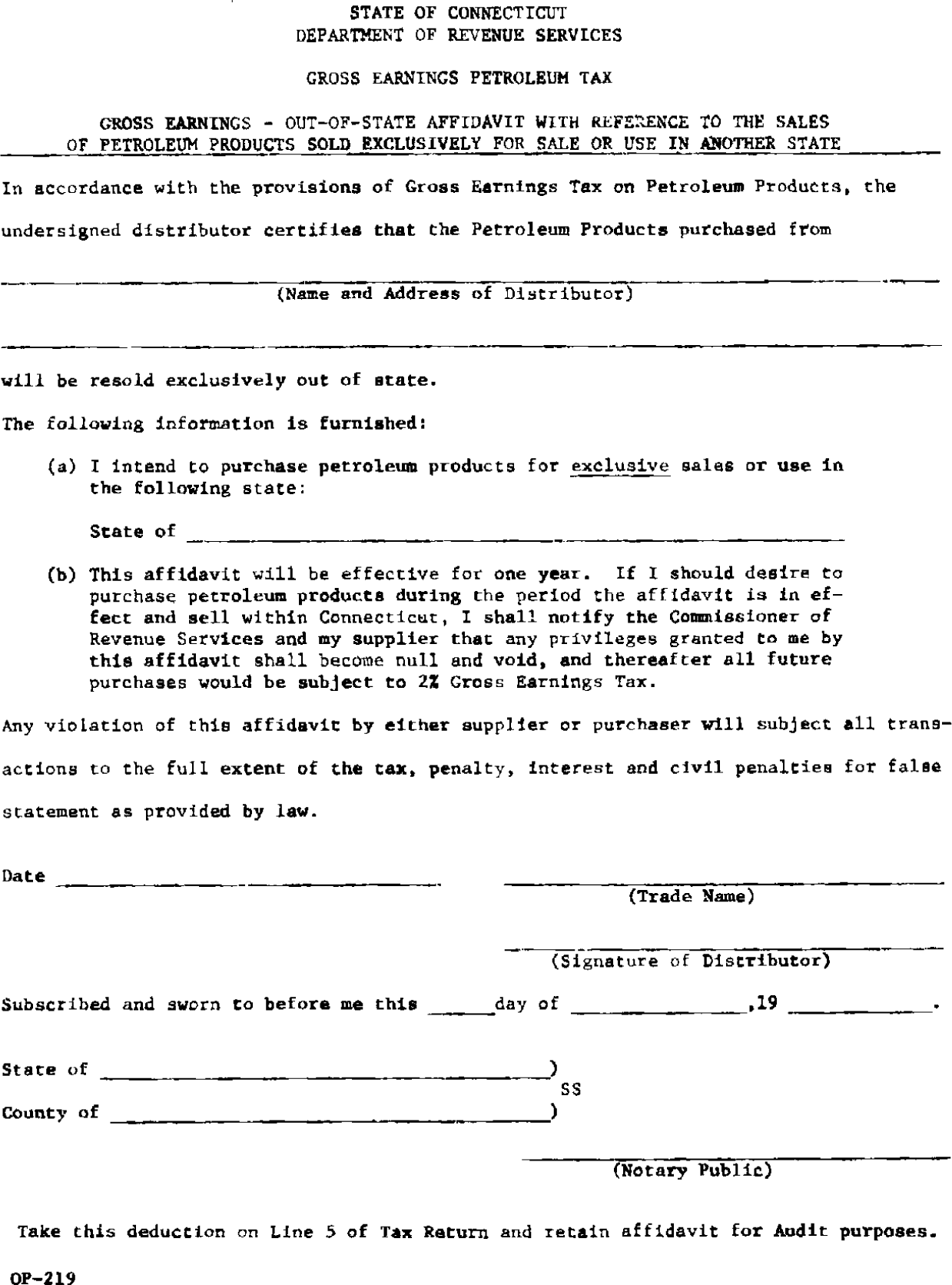Image of State of Connecticut Department of Revenue Services Out-Of-State Affidavit With Reference to the Sales of Petroleum Products Sold Exclusively For Sale or Use in Another State (Gross Earnings Petroleum Tax OP-219)