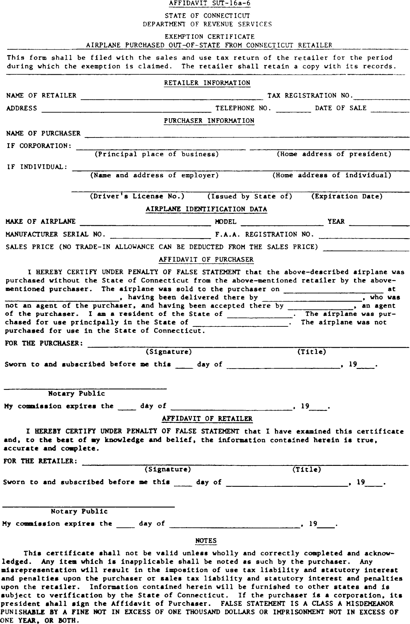 Image of Affidavit SUT-16a-6 State of Connecticut Department of Revenue Services Exemption Certificate Airplane Out-Of-State From Connecticut Retailer