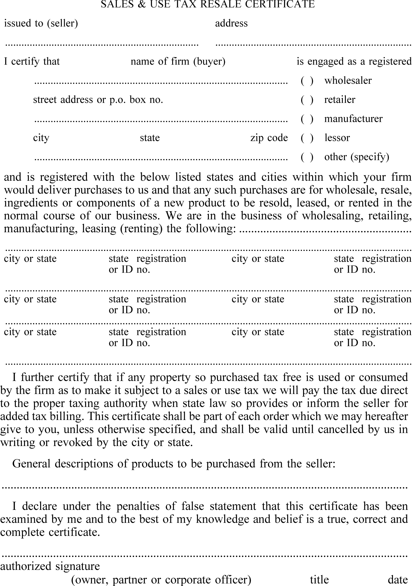 Image of Sales and Use Tax Resale Certificate