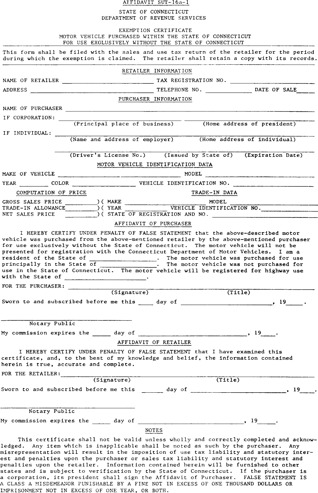 Image of Affidavit SUT-16a-1 State of Connecticut Department of Revenue Services Exemption Certificate Motor Vehicle Purchased Within the State of Connecticut For Use Exclusively Without the State of Connecticut