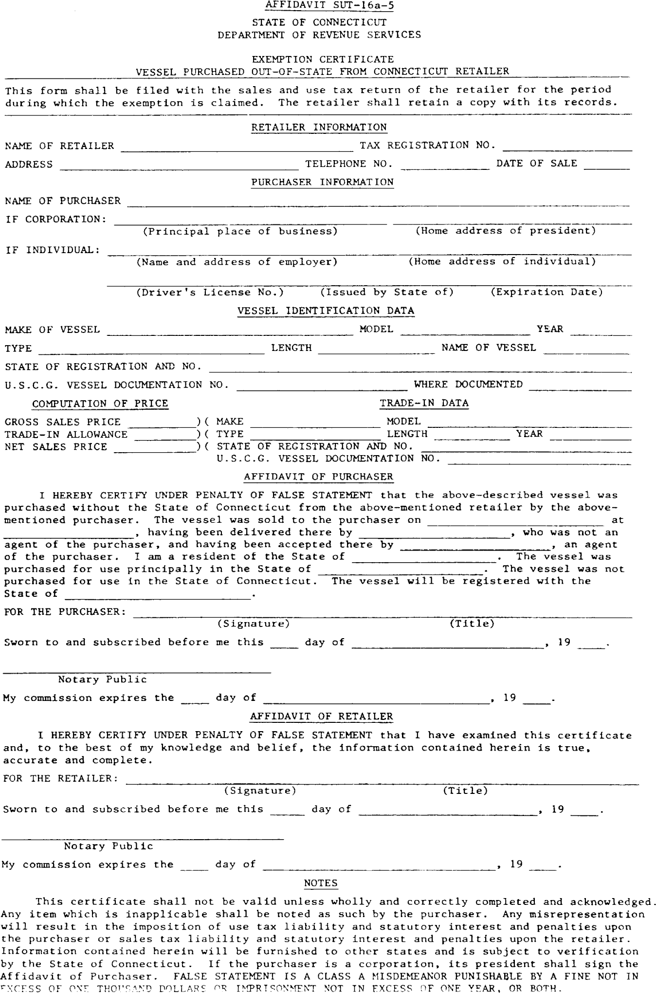 Image of Affidavit SUT-16a-5 State of Connecticut Department of Revenue Services Exemption Certificate Vessel Purchased Out-Of-State From Connecticut Retailer