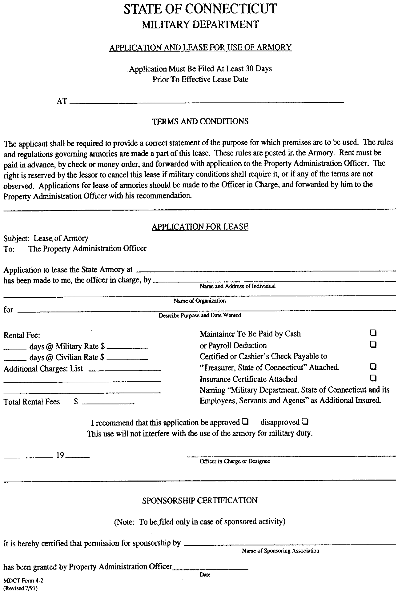 Image of Exhibit 1 State of Connecticut Military Department Application and Lease for Use of Armory