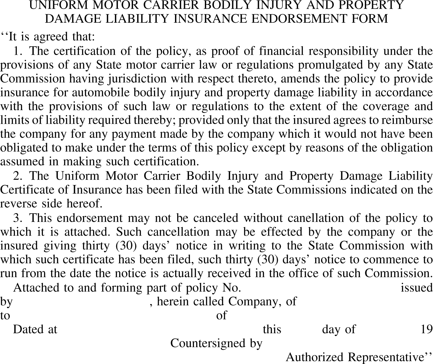 Image Form for Endorsement Uniform Motor Carrier Bodily Injury and Property Damage Liability Insurance Endorsement Form for
