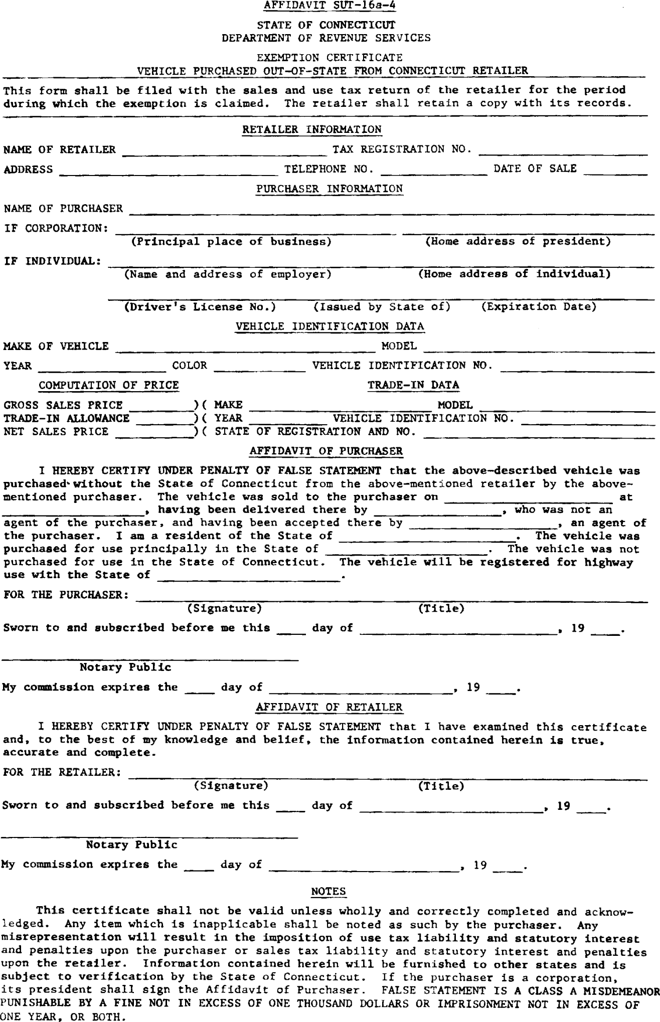 Image of Affidavit SUT-16a-4 State of Connecticut Department of Revenue Services Exemption Certificate Vehicle Purchased Out-Of-State From Connecticut Retailer