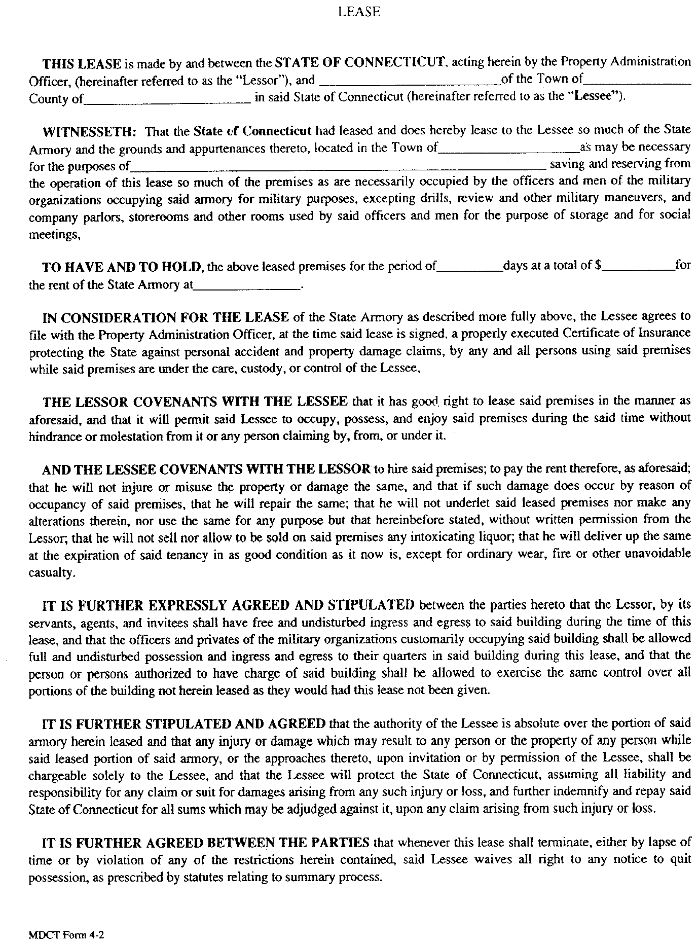 Image of Exhibit 1 State of Connecticut Military Department Application and Lease for Use of Armory (continued)